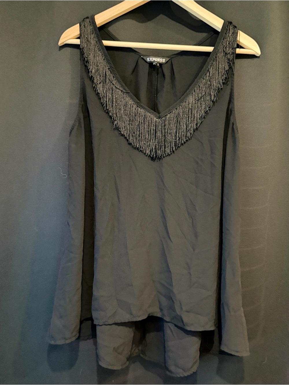 EXPRESS Women’s Large Portifino Black Boho Western Fringe Sleeveless v-neck top